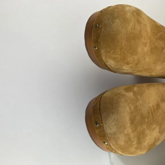 ~ UGG 10 Suede Clog Boots Tan Zip Camel Brown Women Tall Wood Heel Boho HTF Rare - Picture 12 of 14